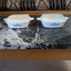 2 Vintage Corning Ware Dishes With Plastic Tops.  Blue Corn Flower Design.  1959